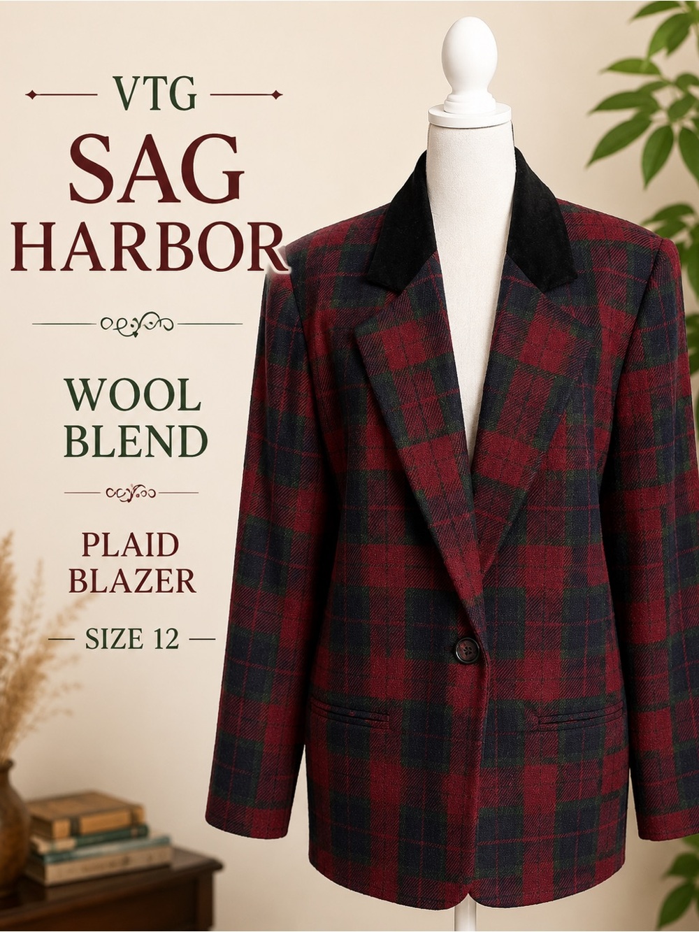 VTG Sag Harbor Plaid Wool Blend Blazer Velvet Collar Size 12